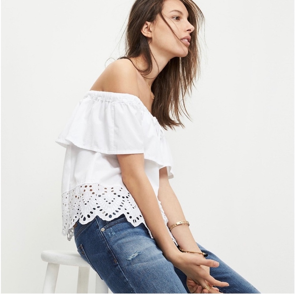 Madewell Off Shoulder Eyelet White Cotton Top Summer XS - Picture 2 of 6